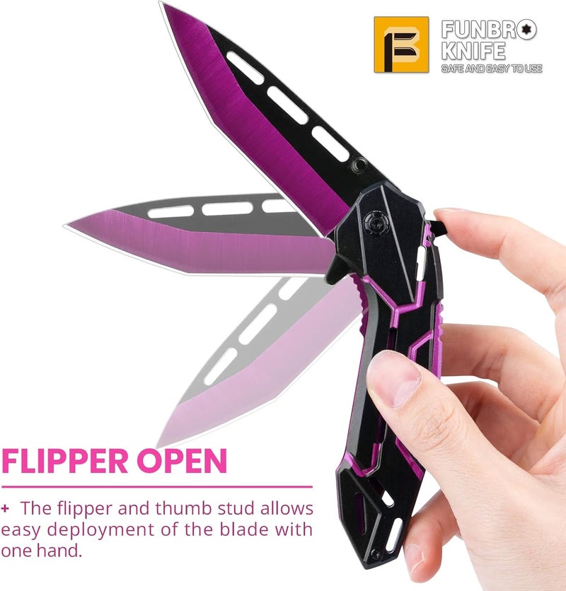 FUNBRO Pocket Knife for Women & Men, Cool Folding Knife with 3.4” Stainless Steel Sharp Blade, Flipper Open EDC Knives with Clip for Outdoor Camping Hiking (Purple) - Image 4